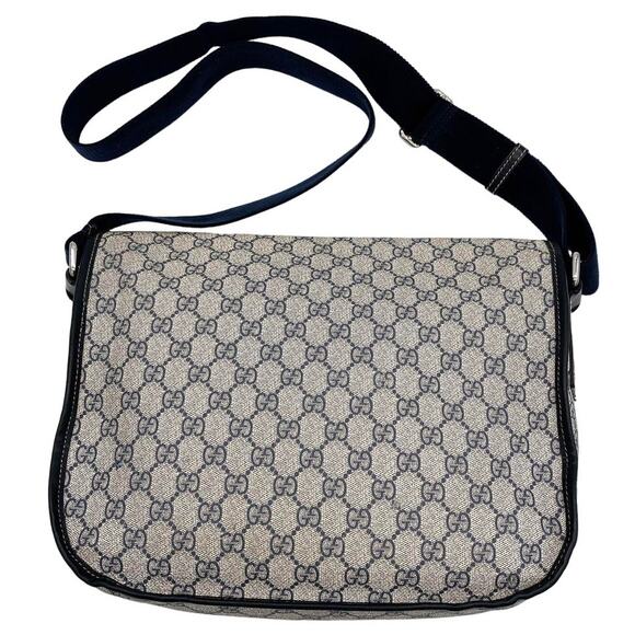 Authentic Gucci GG Logo Plus Supreme Messenger Bag Monogram Flap Tote Tan Navy - Picture 3 of 10